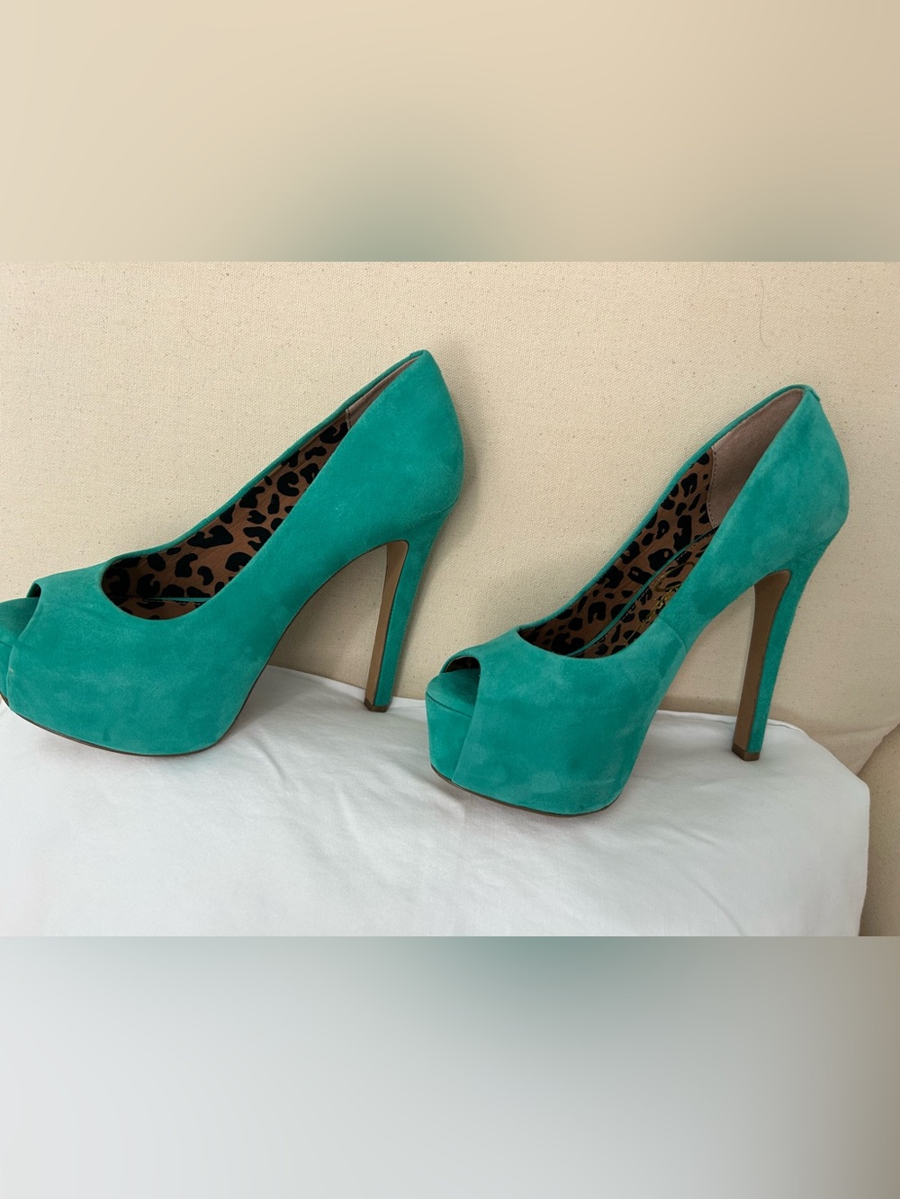 Jessica Simpson Carri Palmetto Green Suede Platform Peep Toe Heels 5M - Picture 13 of 13